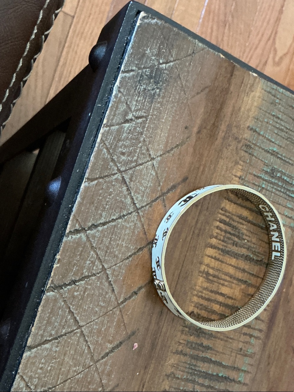 CHANEL White and Gold Logo Enamel Bangle